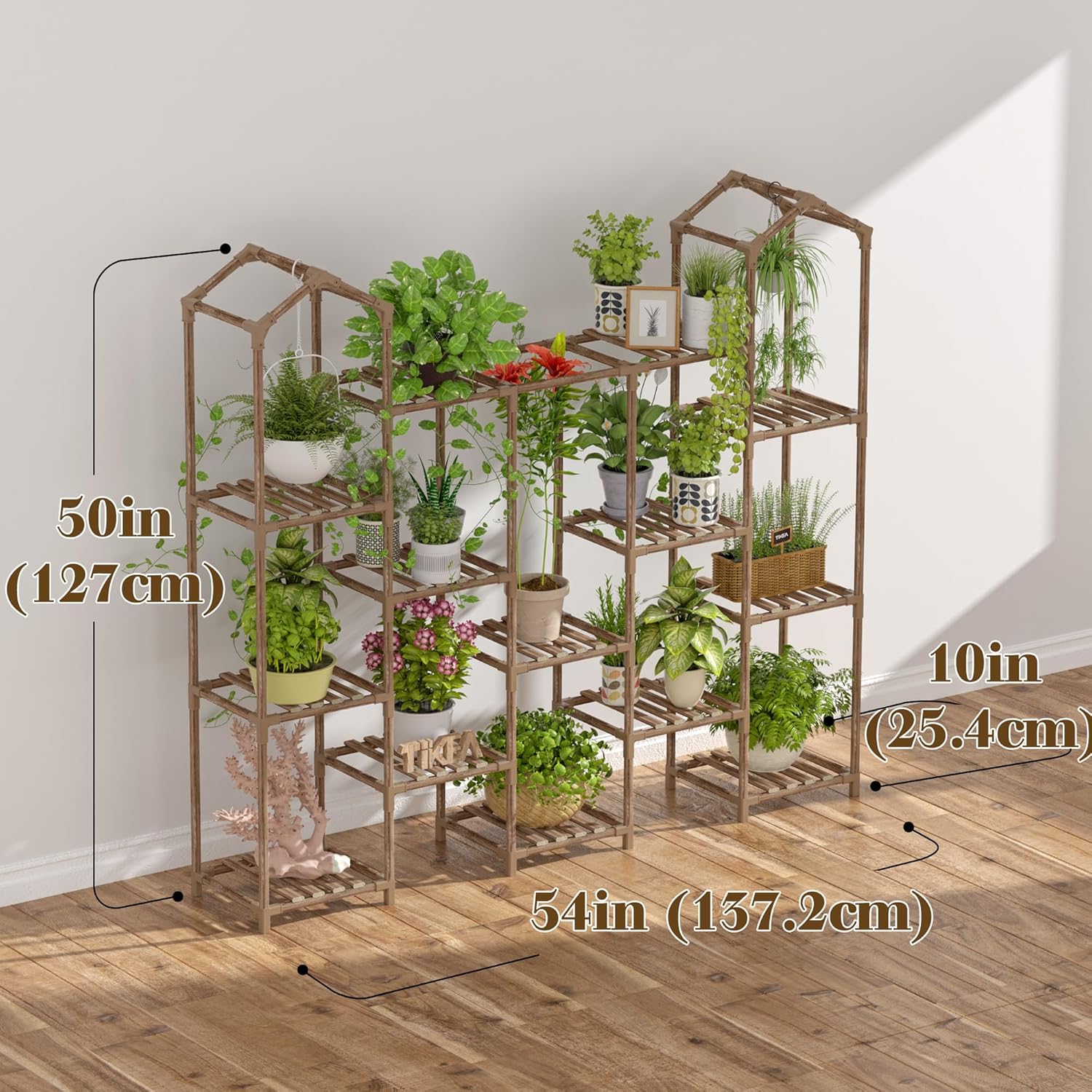 Tikea Large Plant Stand Indoor Outdoor Castle-shaped Plant Stand for Multiple Plants Wooden Plant Shelf Organizer Display Flowers Rack for Corner Living Room Patio Balcony (Model B 14 Tiers)