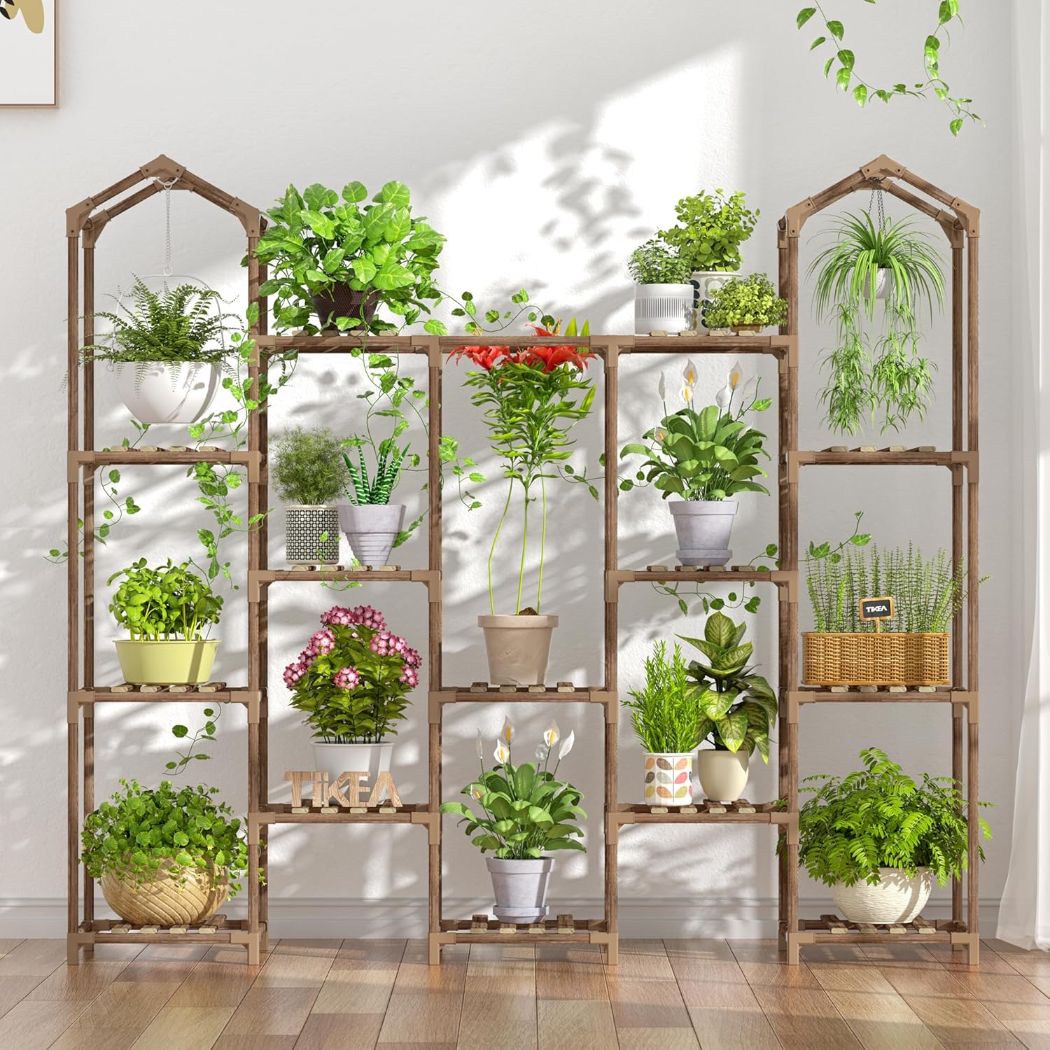 Tikea Large Plant Stand Indoor Outdoor Castle-shaped Plant Stand for Multiple Plants Wooden Plant Shelf Organizer Display Flowers Rack for Corner Living Room Patio Balcony (Model B 14 Tiers)