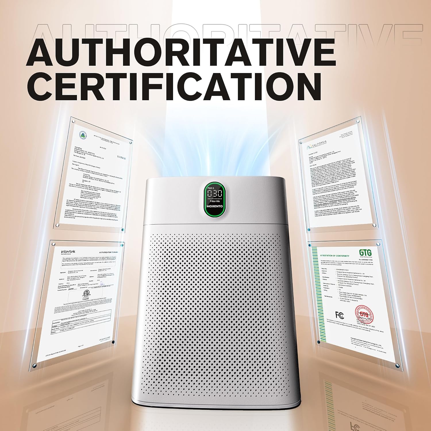 MORENTO Air Purifiers for Home Large Room up to 1076 Sq Ft with PM 2.5 Display Air Quality Sensor for Pet Hair, Double-Sided Air Inlet, 24db, White, 1 Pack + 2 Pack Filters