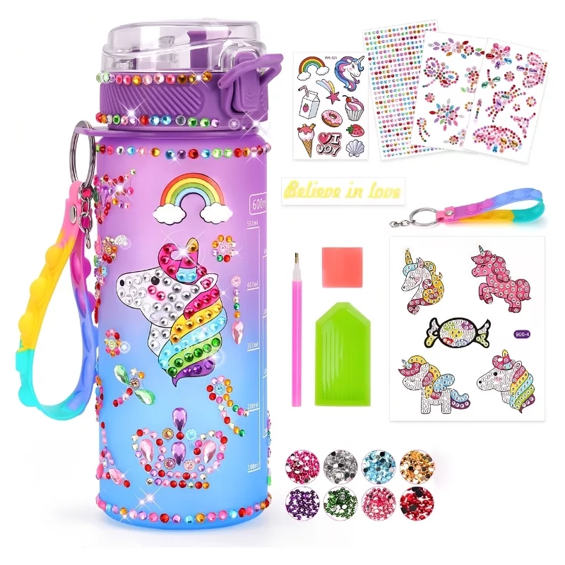 Decorate Your Own Water Bottle Kit for Kids – DIY Craft Bottle with Stickers & Gems, Mermaid / Unicorn Design, 600ml