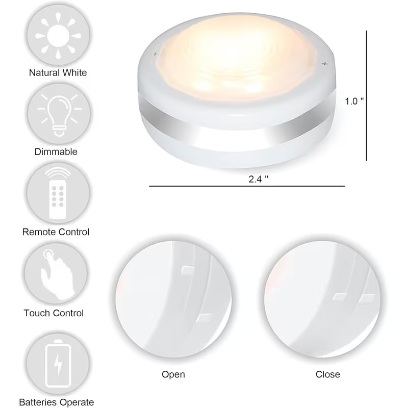 6 Pack LED Puck Lights with Remote Control – Battery Operated Under Cabinet Lighting, Dimmable Closet & Kitchen Lights
