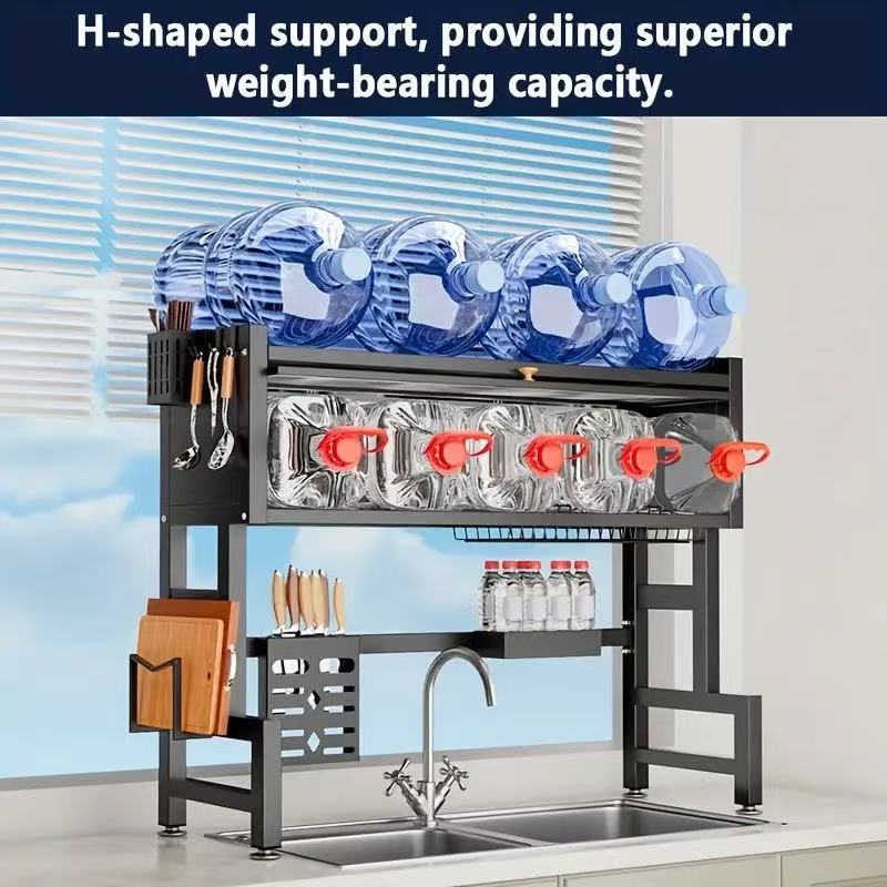 Over The Sink Dish Drying Rack, 2 Tier Adjustable Kitchen Dish Drainer, Home Storage Organizer Shelf Above Counter with Hooks(Color : Black, Size : 108x30x80cm)