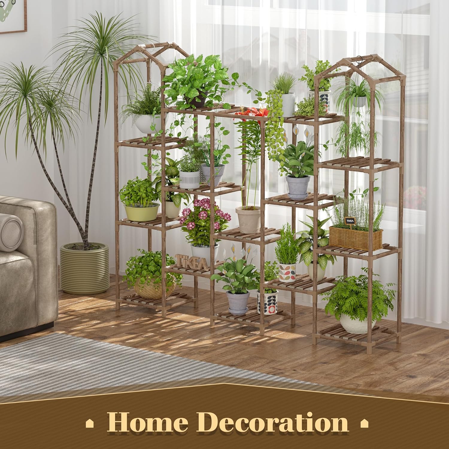 Tikea Large Plant Stand Indoor Outdoor Castle-shaped Plant Stand for Multiple Plants Wooden Plant Shelf Organizer Display Flowers Rack for Corner Living Room Patio Balcony (Model B 14 Tiers)