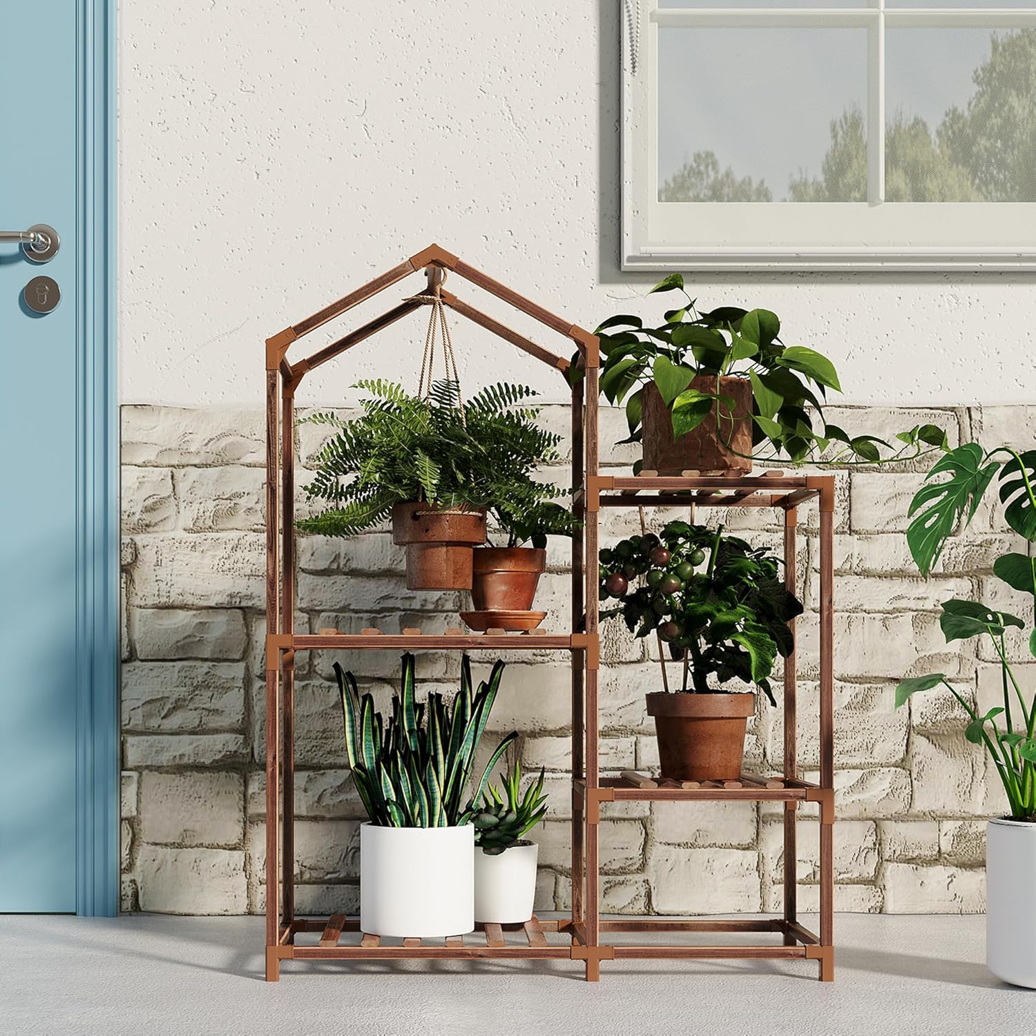 Tikea Plant Stand Indoor Outdoor Hexagonal Corner Plant Stand for Succulents Small Plants Wooden Plant Shelf 7 Tiered Creative DIY Flowers Stand Rack for Living Room Balcony Patio Window