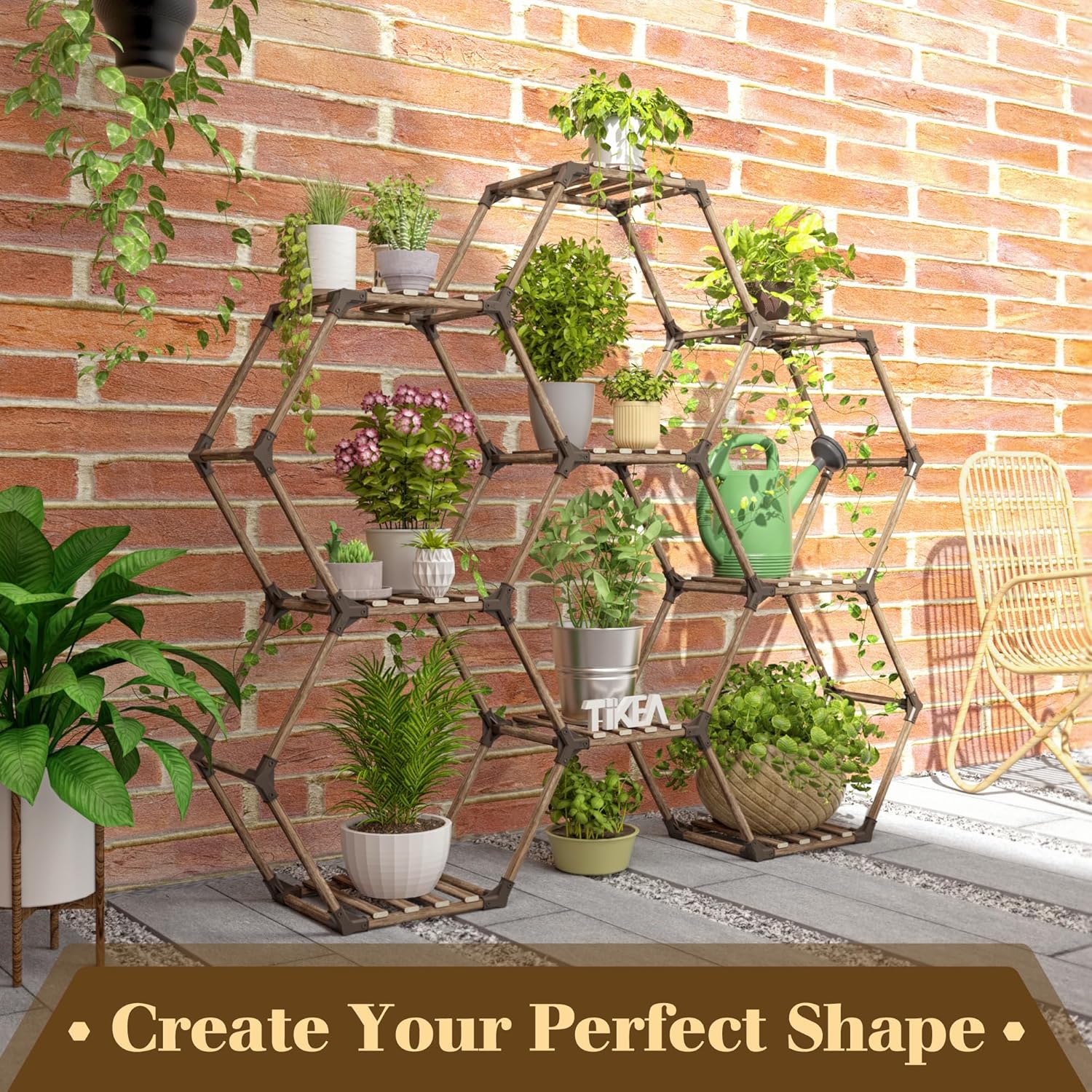 Tikea Hexagonal Plant Stand Indoor Plant Stand for Multiple Plants Outdoor Large Wooden Plant Shelf 6 Tiered 9 Potted Plant Holder Flowers Stand for Patio Balcony Window Living Room