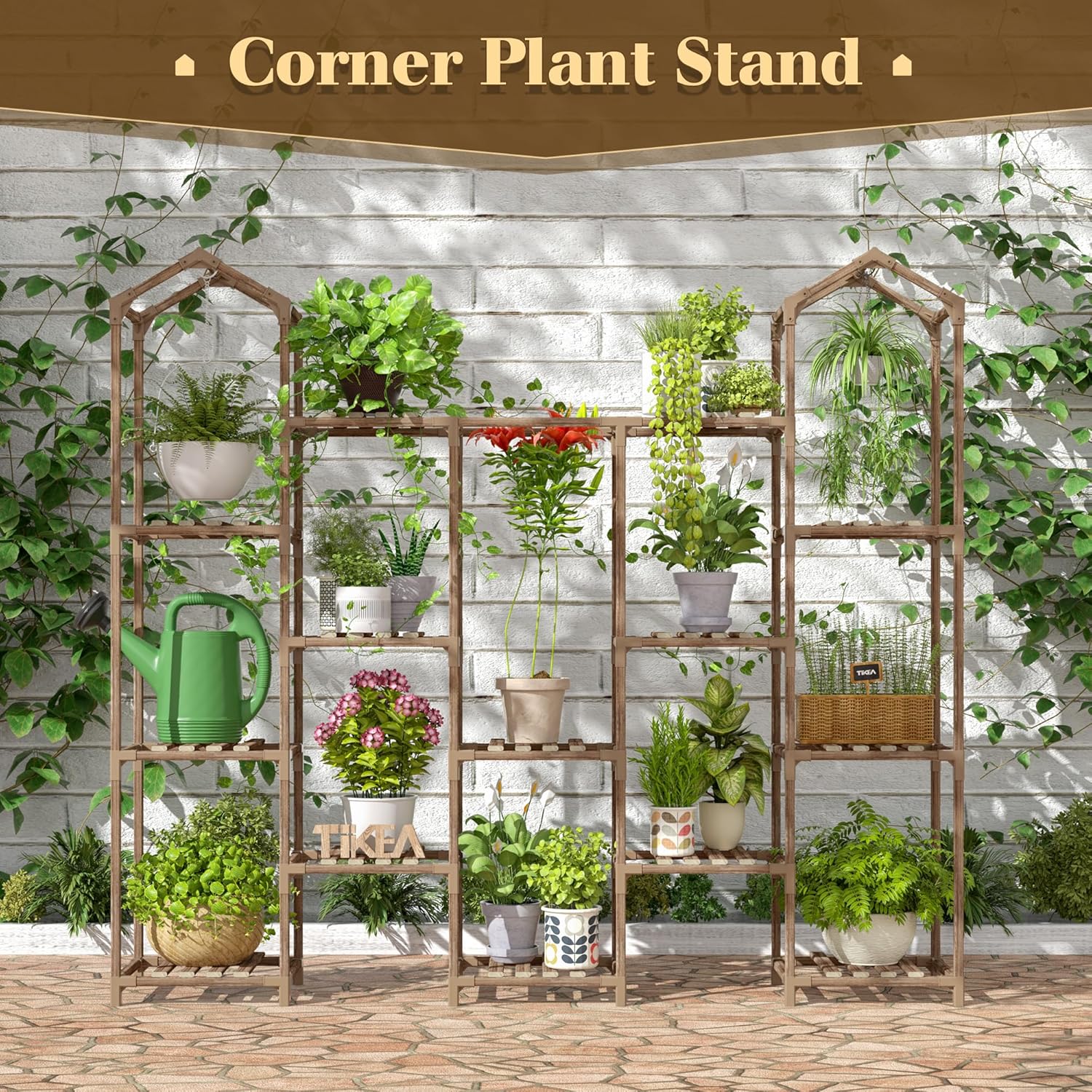 Tikea Large Plant Stand Indoor Outdoor Castle-shaped Plant Stand for Multiple Plants Wooden Plant Shelf Organizer Display Flowers Rack for Corner Living Room Patio Balcony (Model B 14 Tiers)