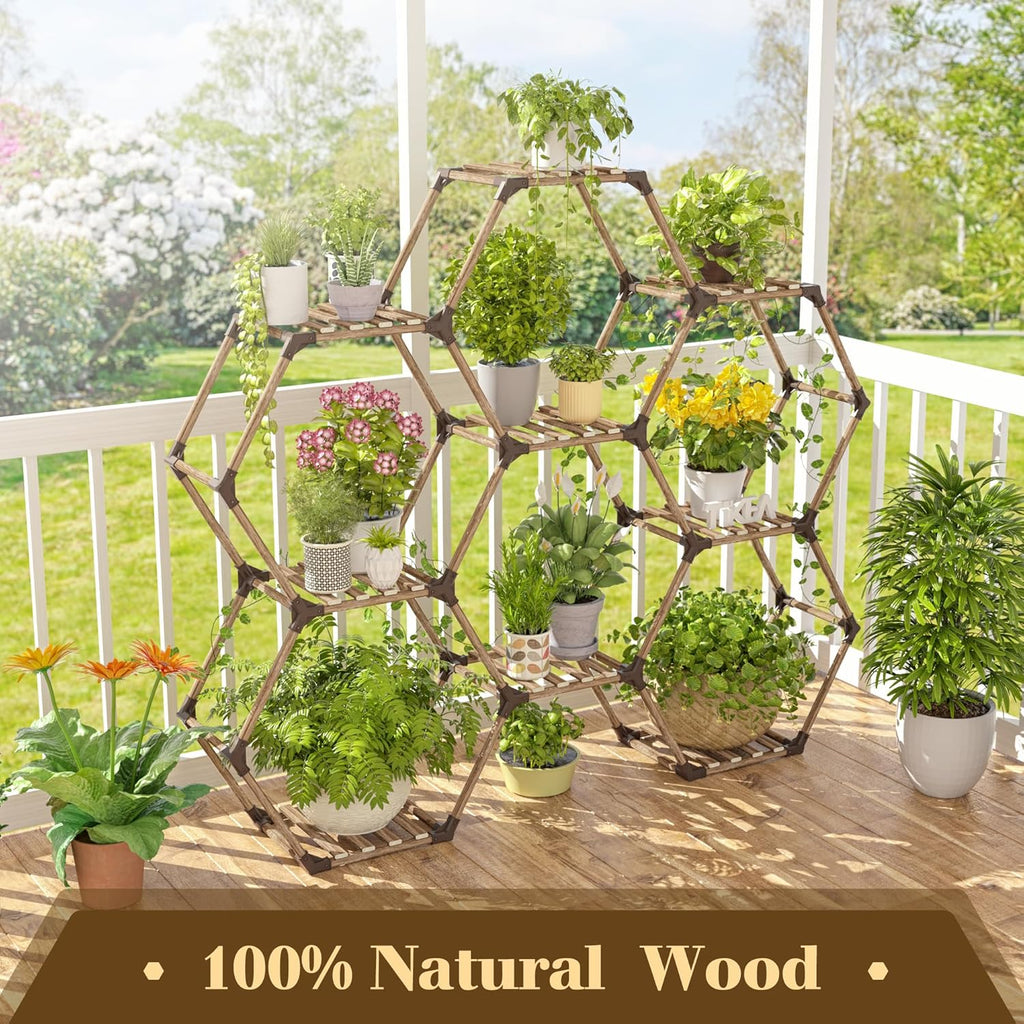 Tikea Hexagonal Plant Stand Indoor Plant Stand for Multiple Plants Outdoor Large Wooden Plant Shelf 6 Tiered 9 Potted Plant Holder Flowers Stand for Patio Balcony Window Living Room