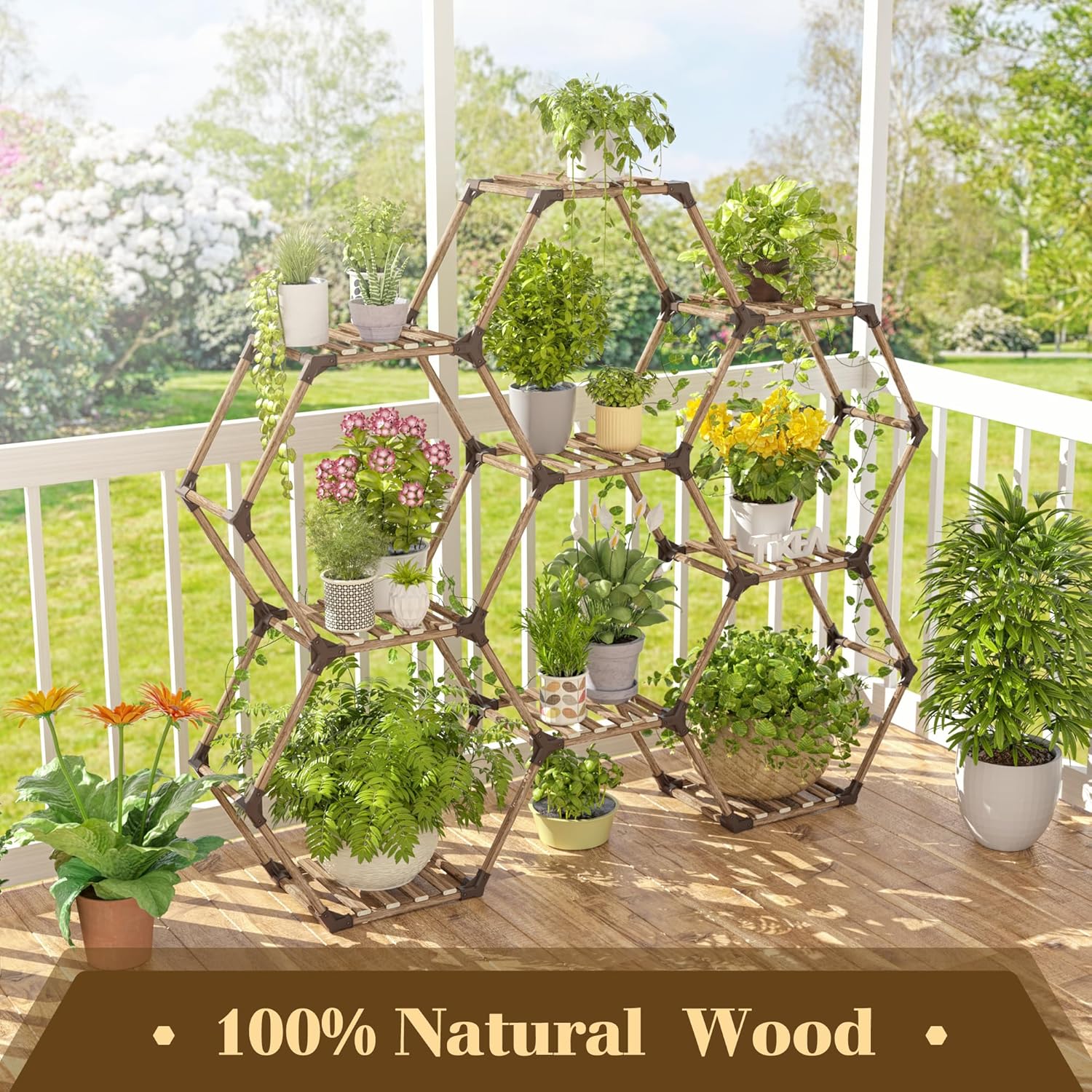 Tikea Hexagonal Plant Stand Indoor Plant Stand for Multiple Plants Outdoor Large Wooden Plant Shelf 6 Tiered 9 Potted Plant Holder Flowers Stand for Patio Balcony Window Living Room