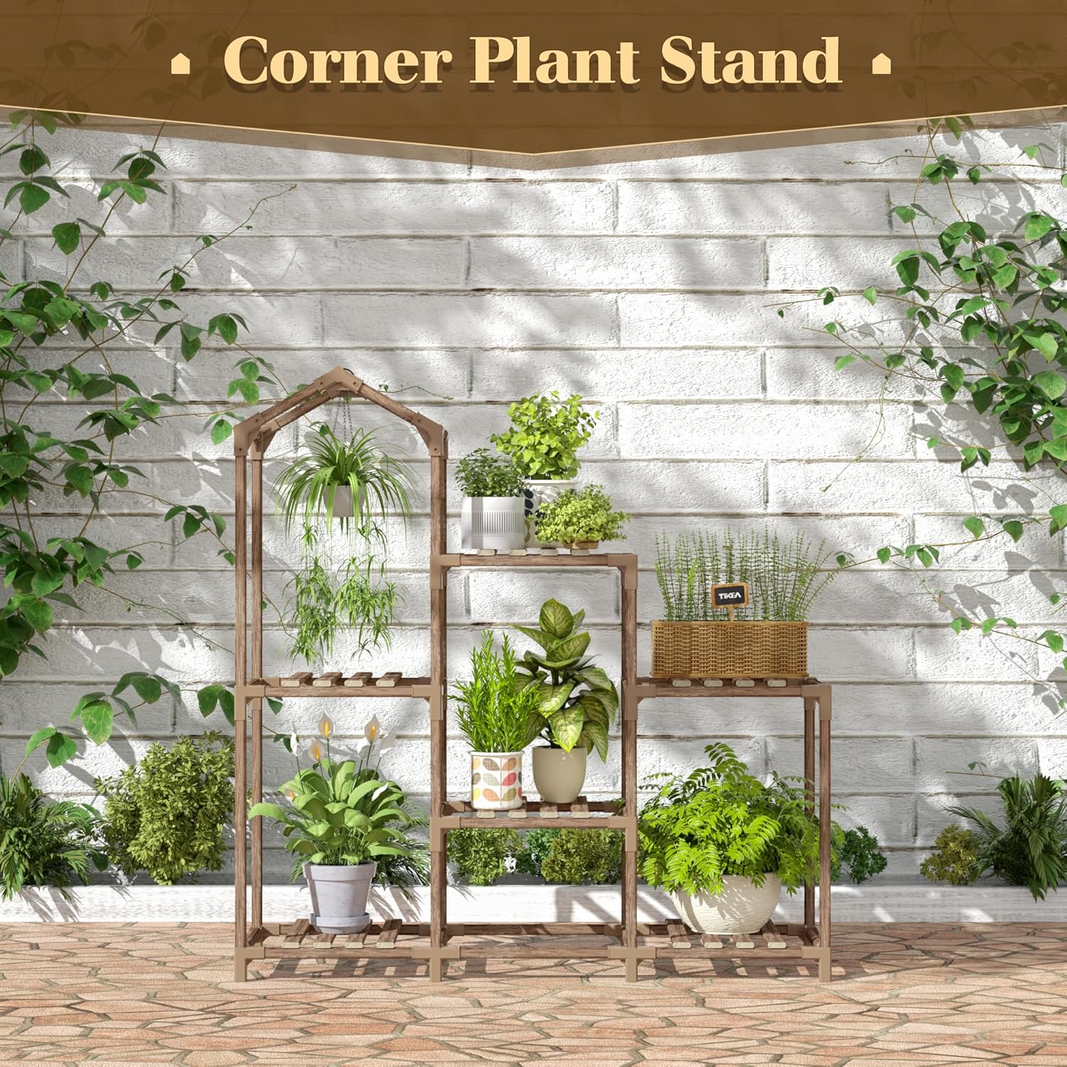 Tikea Plant Stand Indoor Outdoor Castle-shaped Plant Stand for Multiple Plants Wooden Plant Shelf Organizer Display Flowers Rack for Corner Living Room Balcony Patio (Model A 6 Tiers)