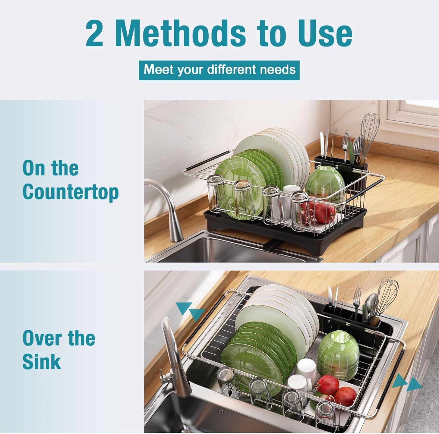 Adjustable Sink Dish Drying Rack – Over Sink & Countertop Dish Drainer with Automatic Drainage for Kitchen