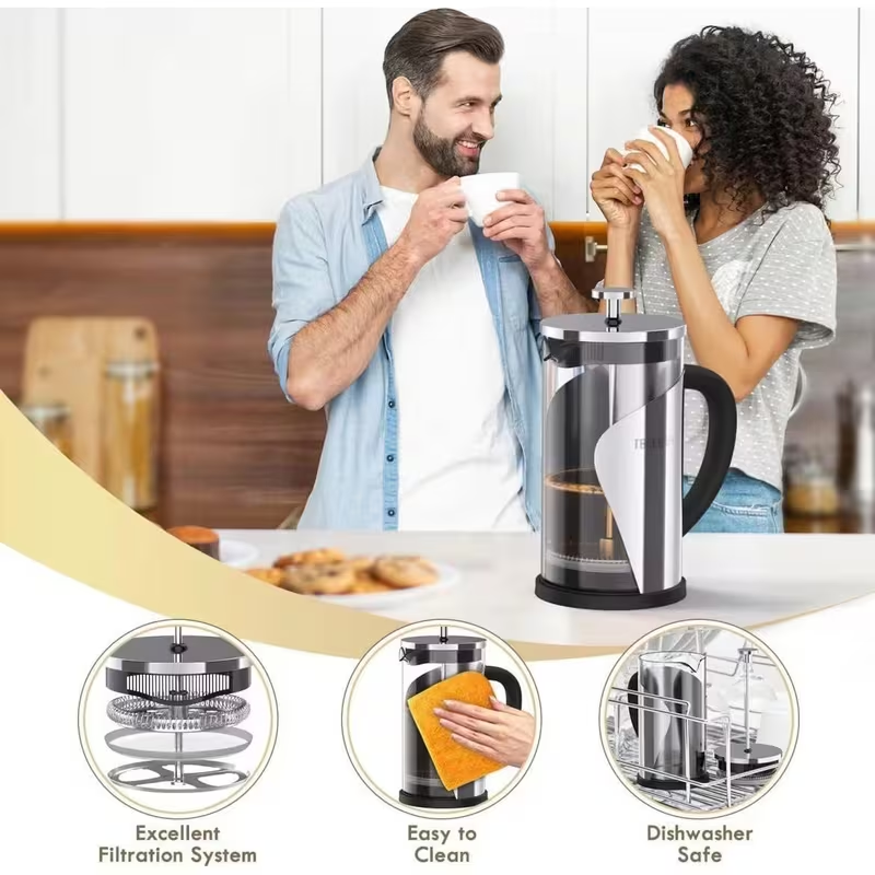 600ML French Press Coffee Maker – Stainless Steel & Glass Coffee Press with 4-Level Filtration for Coffee & Tea