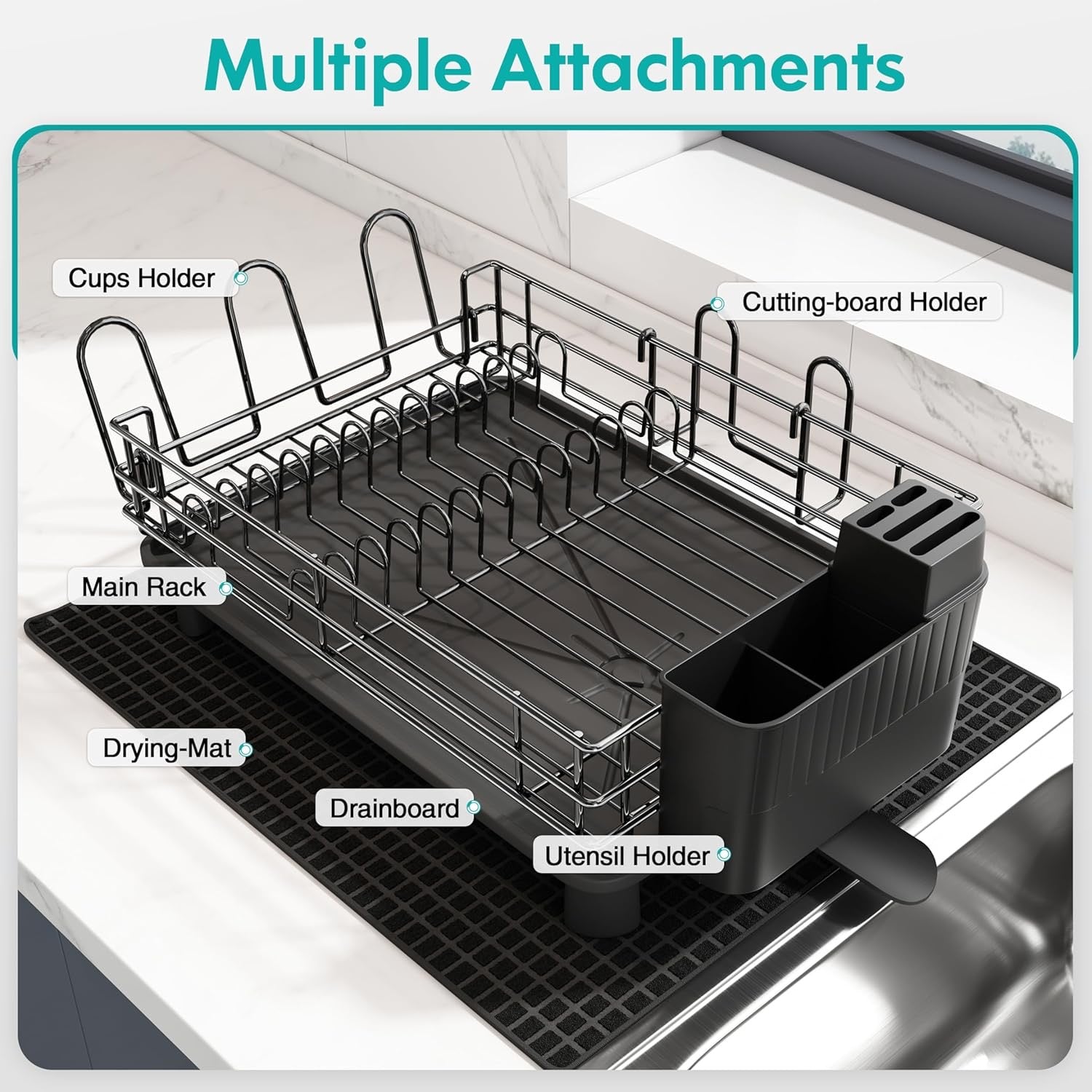 Stainless Steel Dish Drying Rack – Kitchen Countertop Dish Drainer with Drainboard, Utensil Holder & Cup Holder