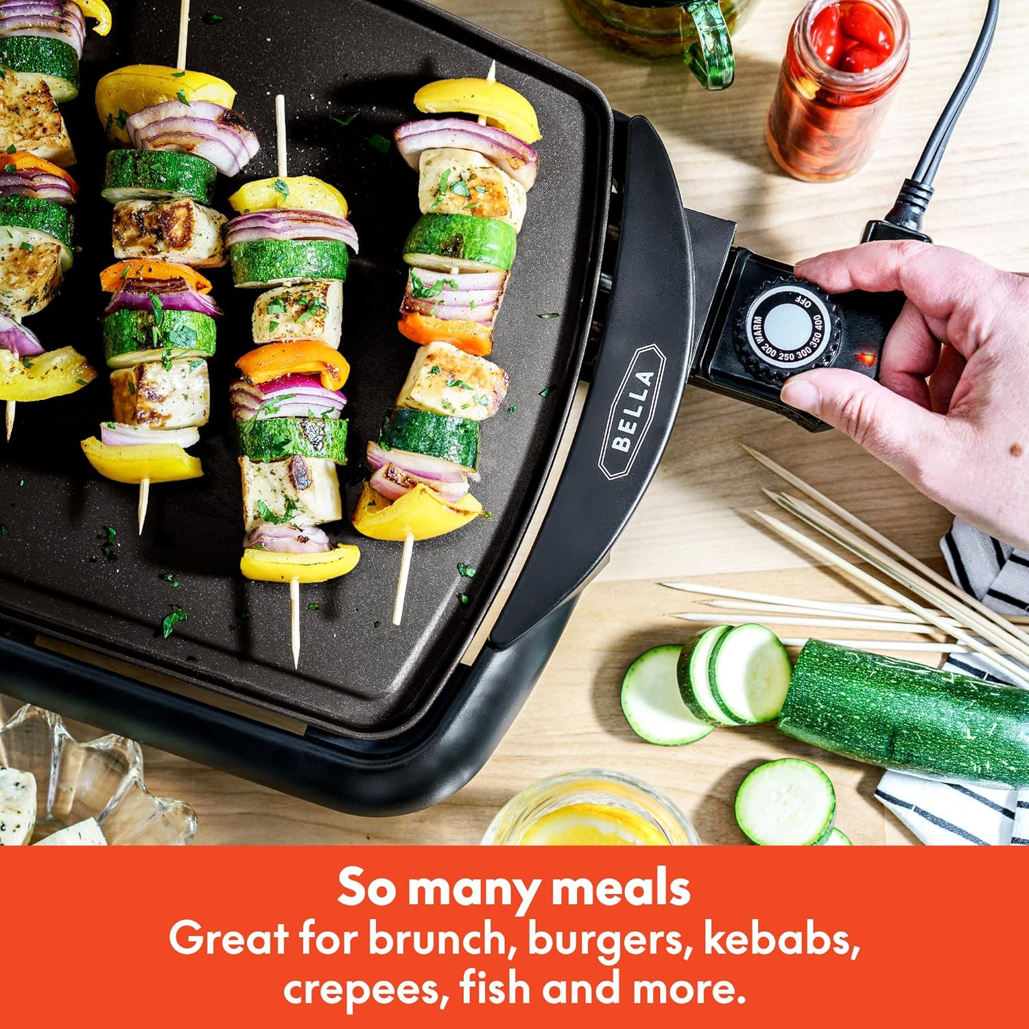 BELLA Electric Griddle & Flat Grill with Nonstick Large Cooking Surface and Removable Probe for Eggs, Tortillas, Pancake and more, 10.5" x 20", Black