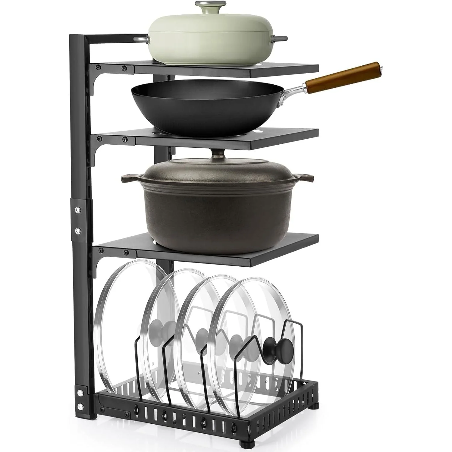 Pot Rack Organizers:4-Tier Adjustable Heavy Duty Pan Organizer for Cabinet ，Multiple Use Modes，Pot Rack & Pan Rack for Kitchen Counter and Cabinet