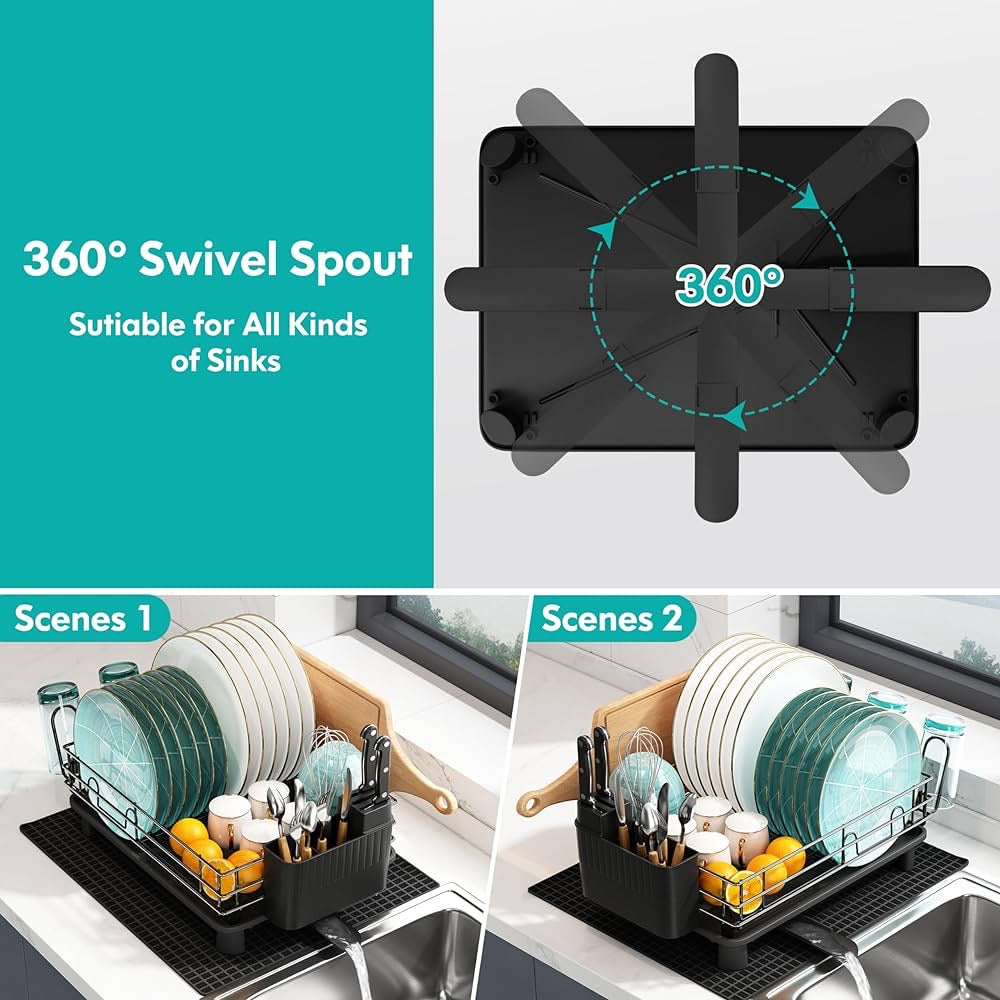 Stainless Steel Dish Drying Rack – Kitchen Countertop Dish Drainer with Drainboard, Utensil Holder & Cup Holder