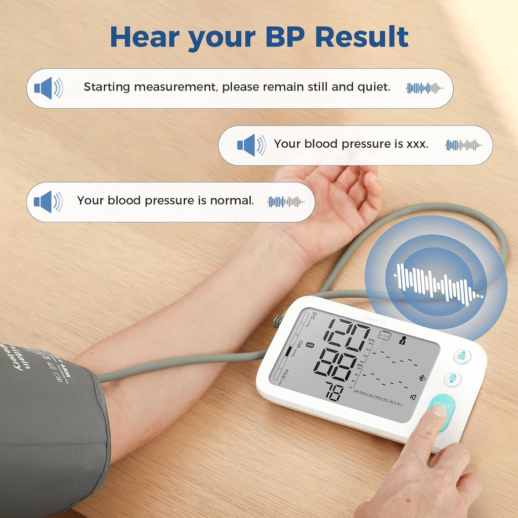 Checkme Blood Pressure Machine for Home Use include Pregnant Women & Diabetics, Bluetooth BP Monitor Arm Cuff XL 22-45cm, Large Screen w Dual Display, 500 Storage Total, Voice Broadcast, Work with APP