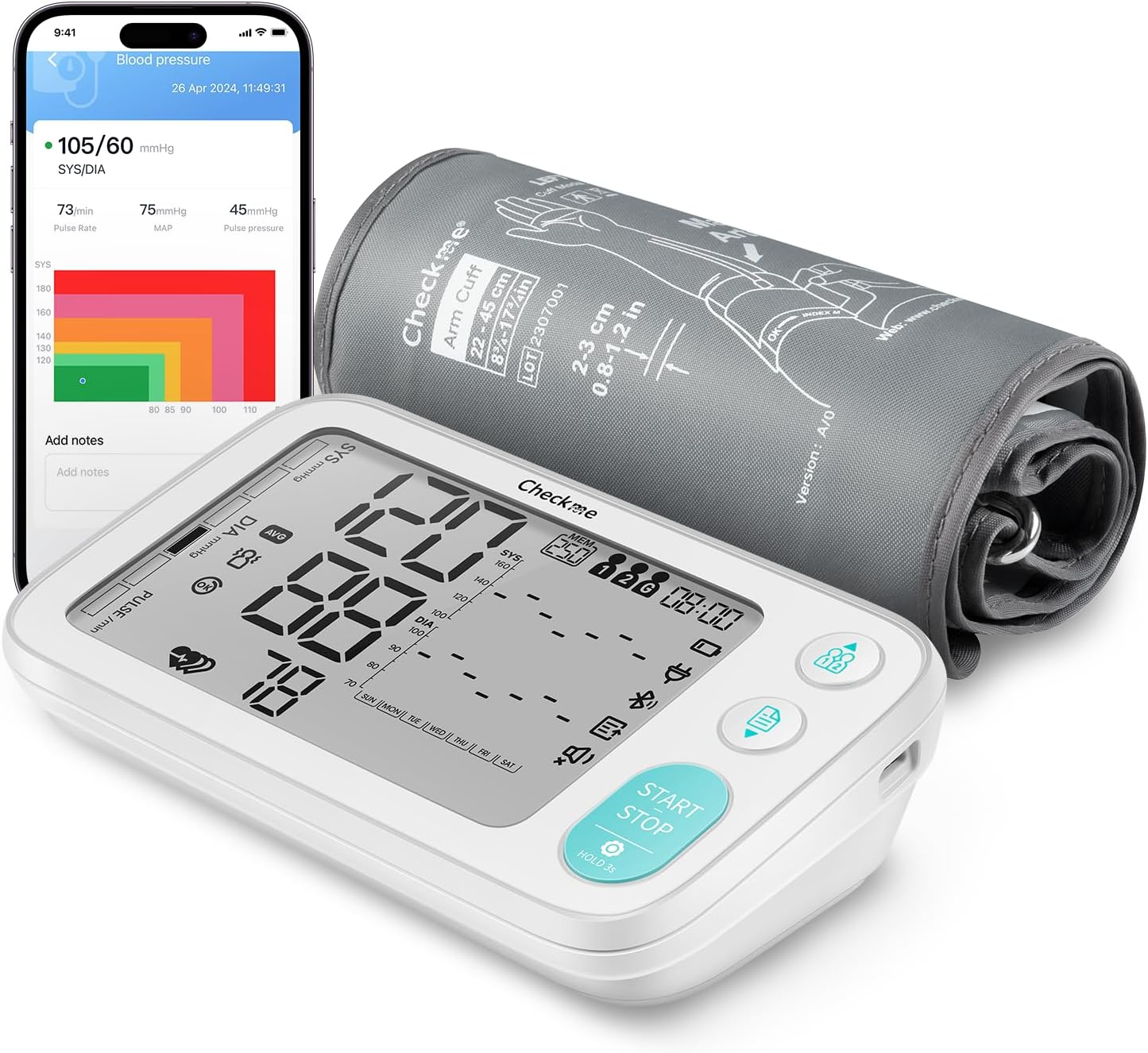 Checkme Blood Pressure Machine for Home Use include Pregnant Women & Diabetics, Bluetooth BP Monitor Arm Cuff XL 22-45cm, Large Screen w Dual Display, 500 Storage Total, Voice Broadcast, Work with APP
