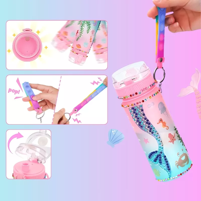 Decorate Your Own Water Bottle Kit for Kids – DIY Craft Bottle with Stickers & Gems, Mermaid / Unicorn Design, 600ml