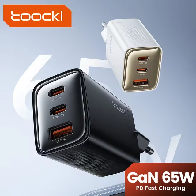 TOOCKI 65W GaN Fast Charger – 3 Port USB-C Wall Charger with 2 USB-C & 1 USB-A, PD/QC Fast Charging Power Adapter for MacBook, iPhone, iPad, Samsung, Switch & More