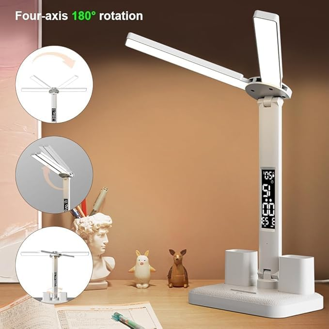 LAVI Rechargeable lamp with Dual Tumbler Clock with Temperature & Date Double Lamp Heads Phone Stand Function 2000 mAh Battery for Study/Office Work