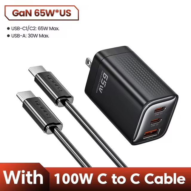 TOOCKI 65W GaN Fast Charger – 3 Port USB-C Wall Charger with 2 USB-C & 1 USB-A, PD/QC Fast Charging Power Adapter for MacBook, iPhone, iPad, Samsung, Switch & More