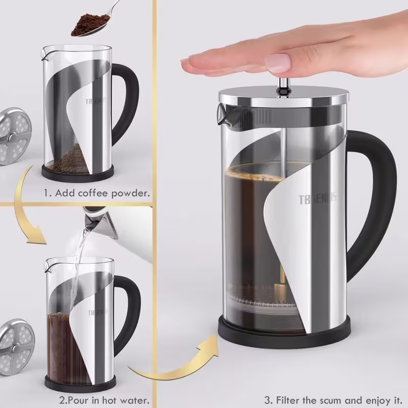 600ML French Press Coffee Maker – Stainless Steel & Glass Coffee Press with 4-Level Filtration for Coffee & Tea