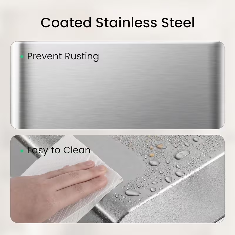 Modern Stainless Steel Bathroom Trash Can – Small Metal Waste Basket for Bedroom, Office, Kitchen (Silver / White)