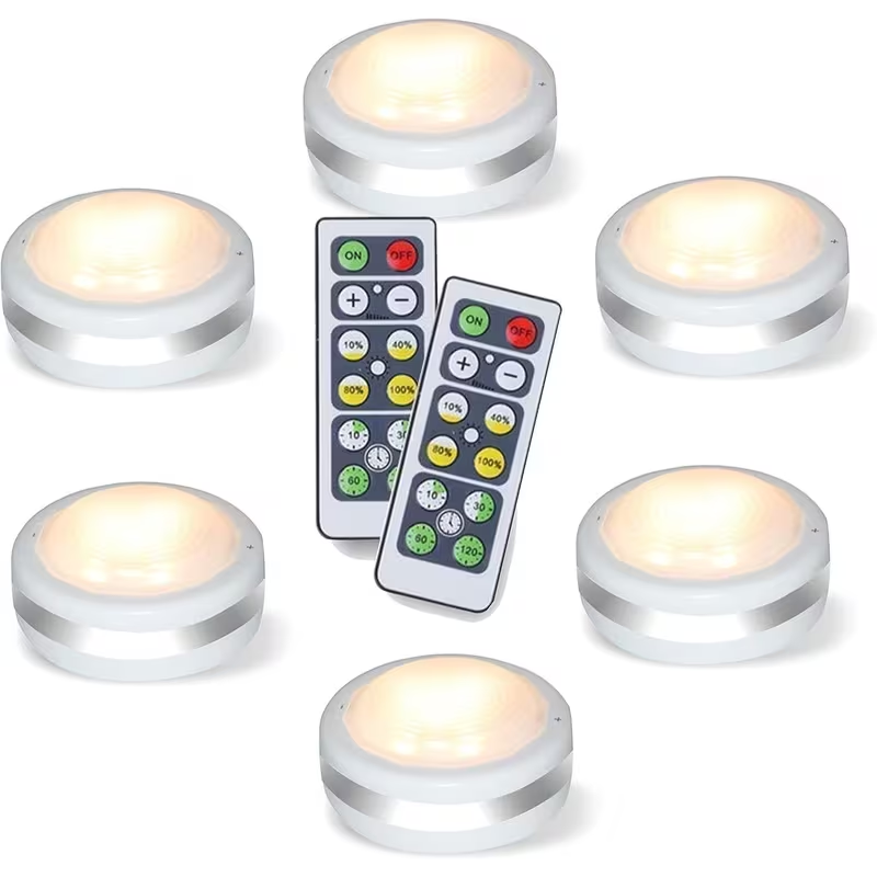 6 Pack LED Puck Lights with Remote Control – Battery Operated Under Cabinet Lighting, Dimmable Closet & Kitchen Lights