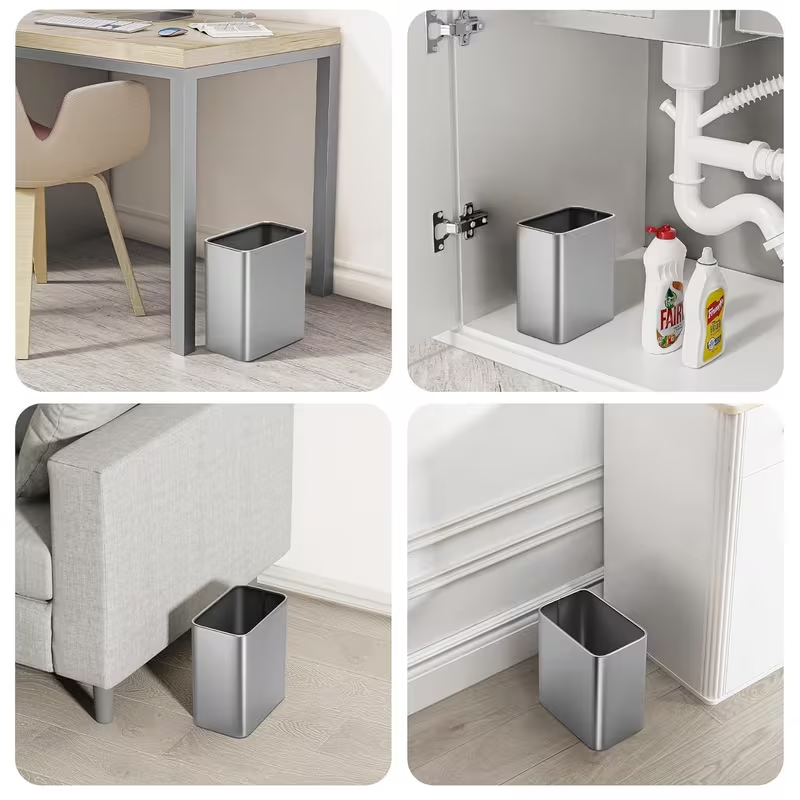 Modern Stainless Steel Bathroom Trash Can – Small Metal Waste Basket for Bedroom, Office, Kitchen (Silver / White)