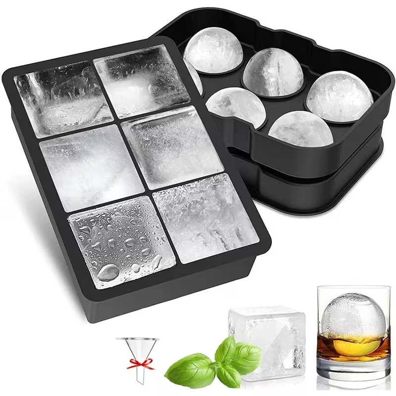 Large Ice Cube Tray Set with Lid – Sphere & Square Ice Ball Mold for Whiskey, Cocktails & Drinks (BPA Free Silicone Ice Mold)