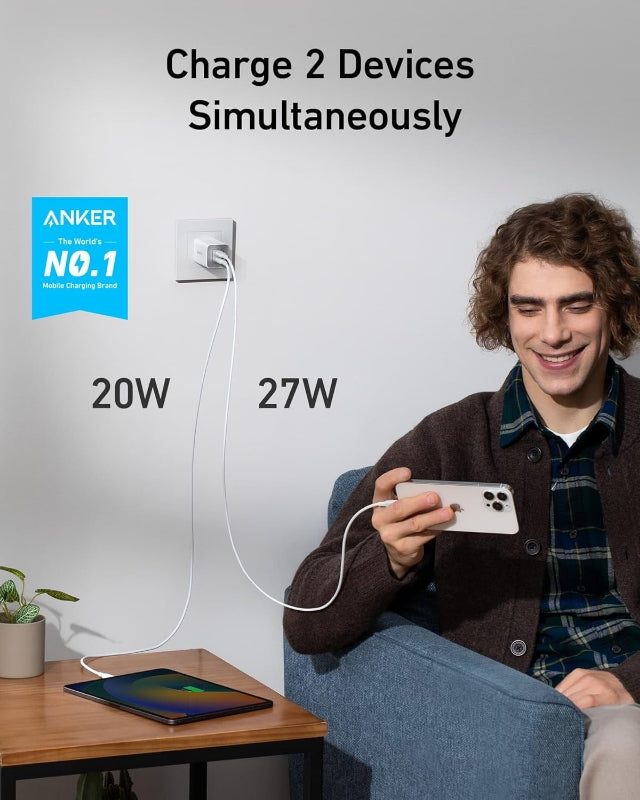 Anker 47W Dual USB-C Fast Charger – Compact Wall Charger with 27W + 20W Power Delivery for iPhone, iPad & USB-C Devices